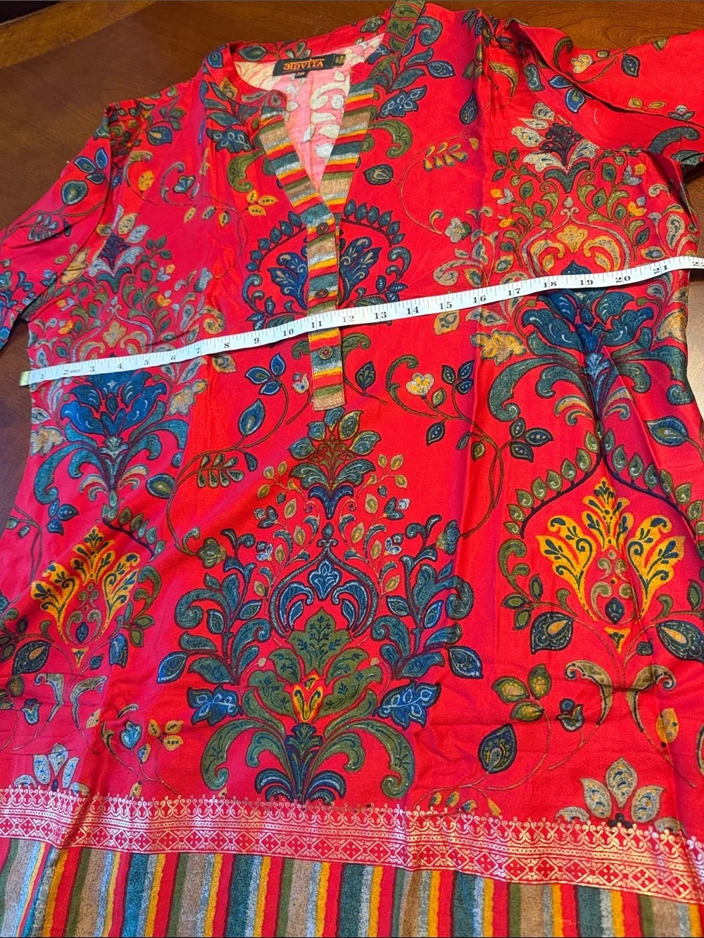 Red Floral coord set with gold print and vibrant stripes. Very good material